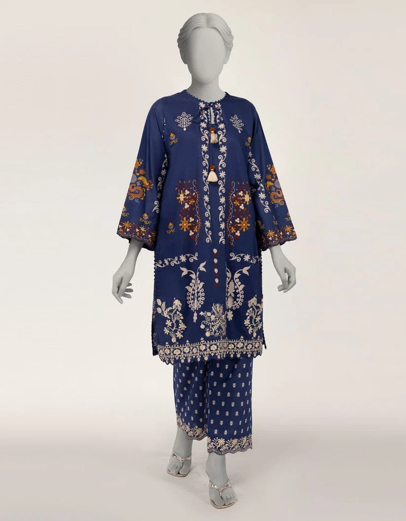 J. Lawn Embroidered Stitched 2-Piece Suit - Indigo Blue