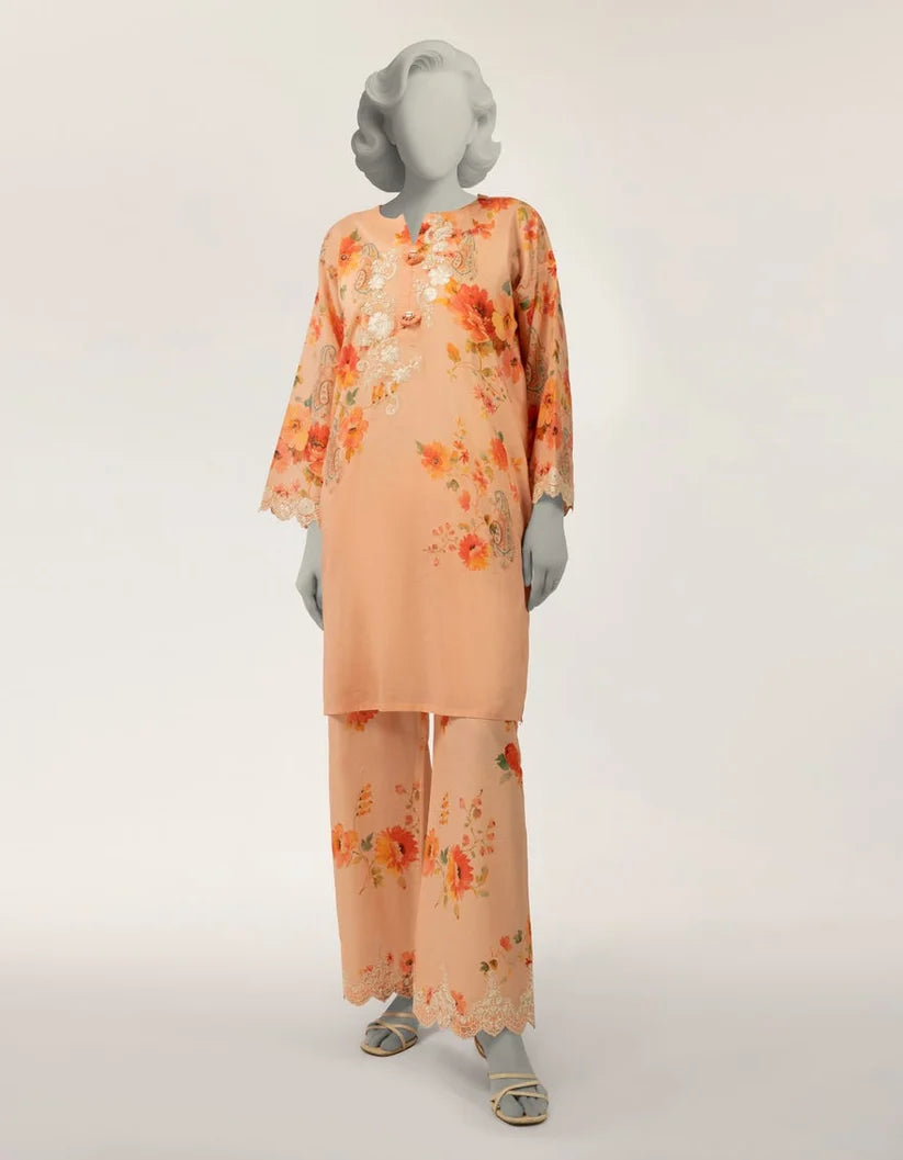 J. Lawn Embroidered Stitched 2-Piece Suit - Peach