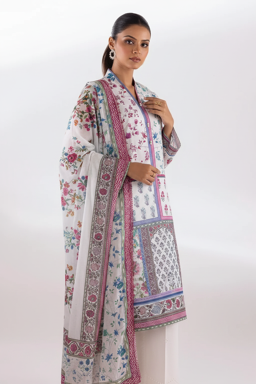 Sana Safinaz Printed 2-Piece Lawn Suit – Pastel Multi-Color & White