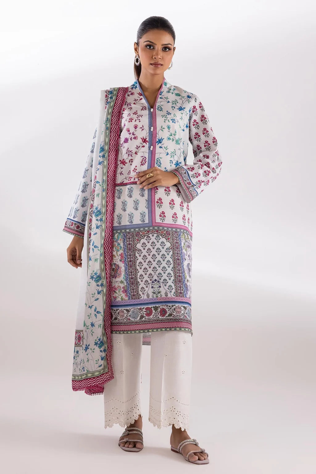Sana Safinaz Printed 2-Piece Lawn Suit – Pastel Multi-Color & White